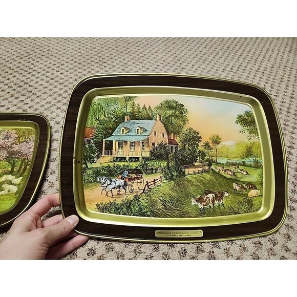 Vintage Currier & Ives American Homestead ALL 4 Seasons 1868 Metal Serving trays - Picture 3 of 6